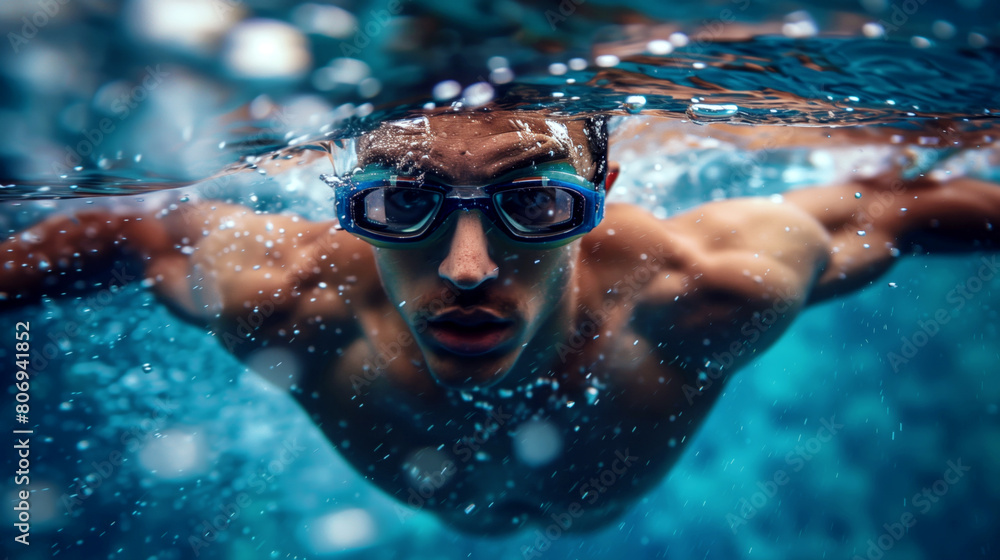 Fototapeta premium Underwater view of a young male swimmer swimming with goggles in a clear blue pool.