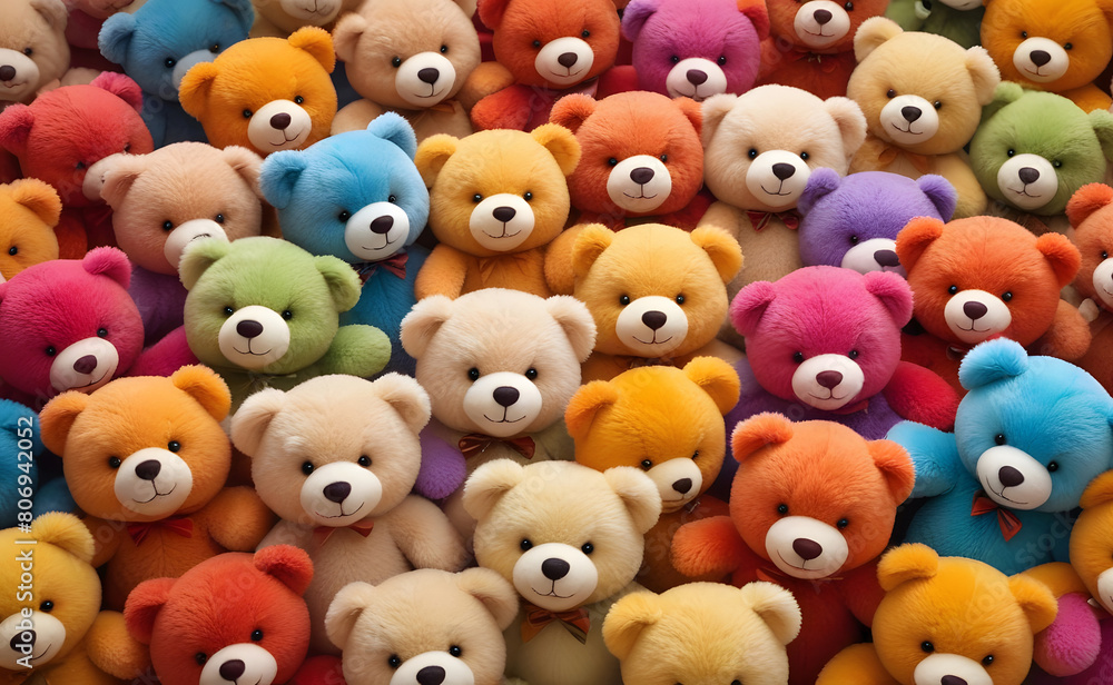 Full frame image of many colorful teddy bears squeezing each other and squinting Full frame image of many colorful teddy bears squeezing each other and squinting