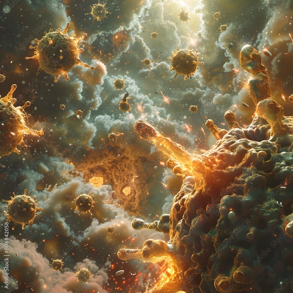 Naklejka premium Dramatic Microscopic View of Virus Infecting Human Cell with Surreal Atmosphere and Ominous