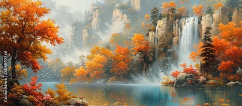 A stunning autumn landscape with colorful trees  flowers and a beautiful waterfall in the background