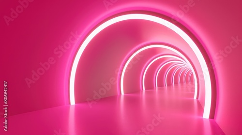 Seamless tunnel of pink glowing arcs on a gradient backdrop, inviting abstract.