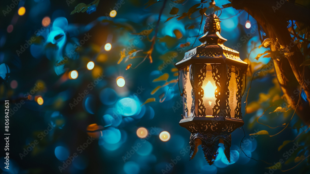 lantern illuminated on nature bokeh background lantern illuminated on nature bokeh background