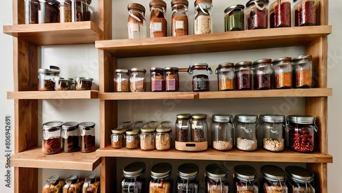 Wallpaper Mural Explore a beautifully organized pantry with glass jars neatly arranged on rustic wooden shelves, showcasing an efficient and sustainable storage solution in a visually appealing setting. Torontodigital.ca