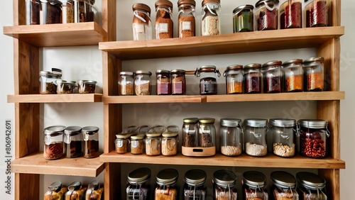 Explore a beautifully organized pantry with glass jars neatly arranged on rustic wooden shelves, showcasing an efficient and sustainable storage solution in a visually appealing setting.