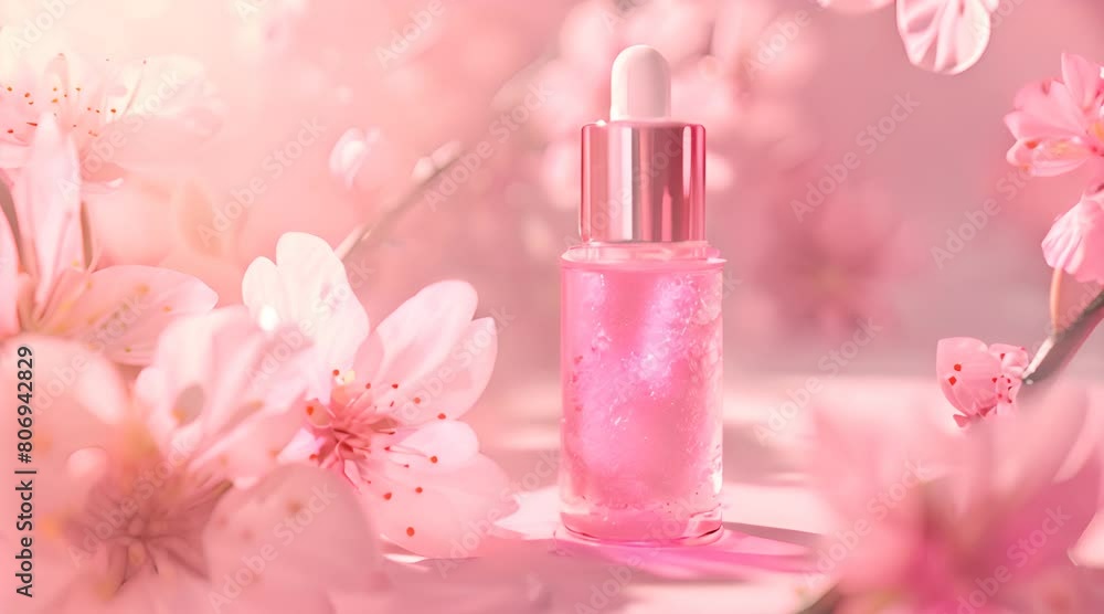 a bottle of pink cosmetic liquid with flowers on a pink background a bottle of pink cosmetic liquid with flowers on a pink background