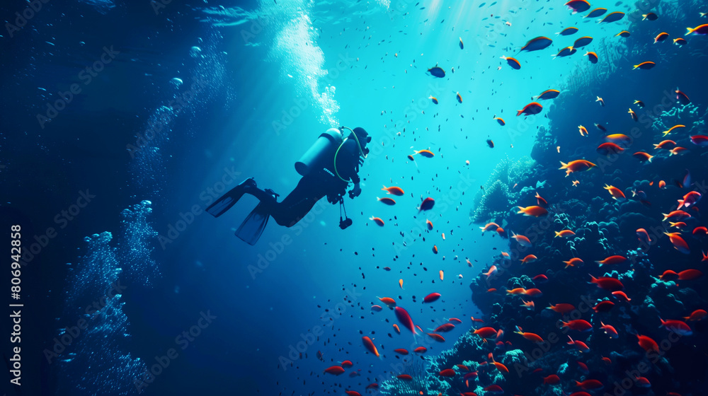 A scuba diver explores a stunning underwater scene surrounded by vibrant tropical fish and coral reefs. A scuba diver explores a stunning underwater scene surrounded by vibrant tropical fish and coral reefs.
