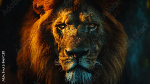 Close-up of a majestic lion in the shadows  exuding power and strength.