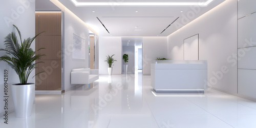 Empty office hallway interior with glass doors and windows and tiled floor the corridor of a modern office building showing white walls.
