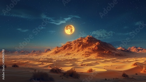 A photorealistic desert dune at night, bathed in the soft glow of moonlight