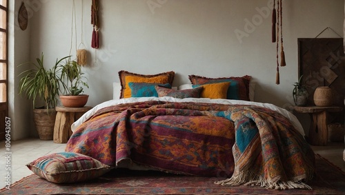 A bohemian bedroom with a woven tapestry hanging above