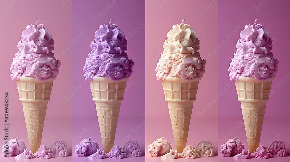 Three images showcase ice cream cones at various stages of purple and white frosting against a pink backdrop Three images showcase ice cream cones at various stages of purple and white frosting against a pink backdrop