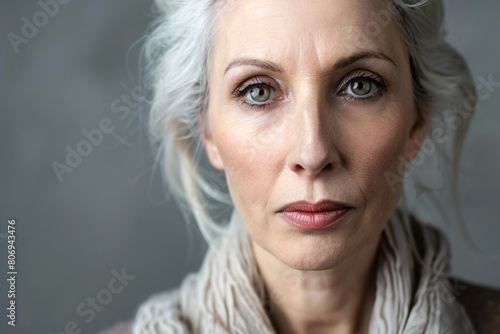 portrait of a mature woman with light eyes and a thoughtful expression © alexandr