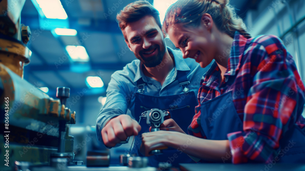 Obraz premium Two happy technicians, a man and a woman, working together on machinery in an industrial environment.