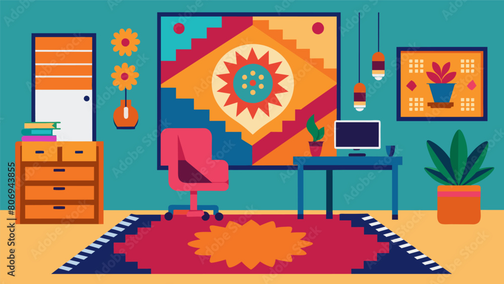 Vibrant tapestries and rugs adorn the walls and floor adding a pop of color and personality to the otherwise plain office.. Vector illustration Vibrant tapestries and rugs adorn the walls and floor adding a pop of color and personality to the otherwise plain office.. Vector illustration