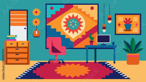Vibrant tapestries and rugs adorn the walls and floor adding a pop of color and personality to the otherwise plain office.. Vector illustration