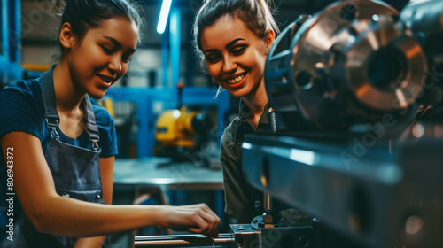 Two young female technicians smiling while working together on machinery in an industrial setting.