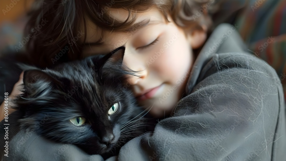 Young boy affectionately embracing his black cat. Concept Cat portraits, Pet photography, Bonding moments Young boy affectionately embracing his black cat. Concept Cat portraits, Pet photography, Bonding moments