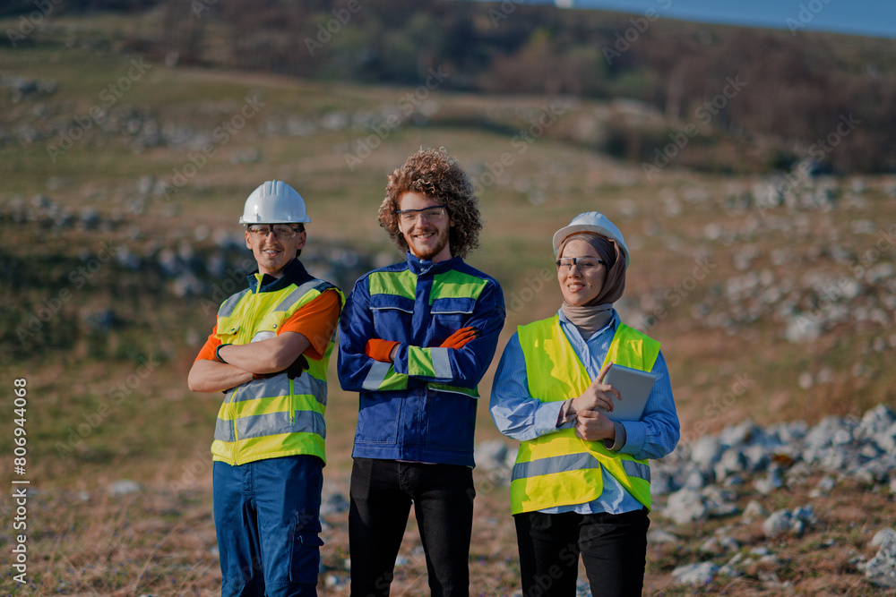 A team of engineers and workers oversees a wind turbine project at a modern wind farm, working together to ensure the efficient generation of renewable energy A team of engineers and workers oversees a wind turbine project at a modern wind farm, working together to ensure the efficient generation of renewable energy
