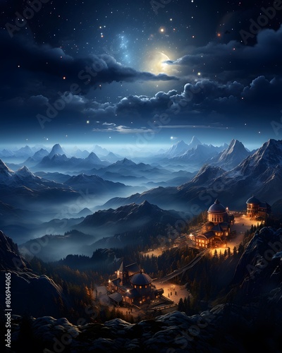 Fantasy landscape with mountains in the night. 3D illustration.
