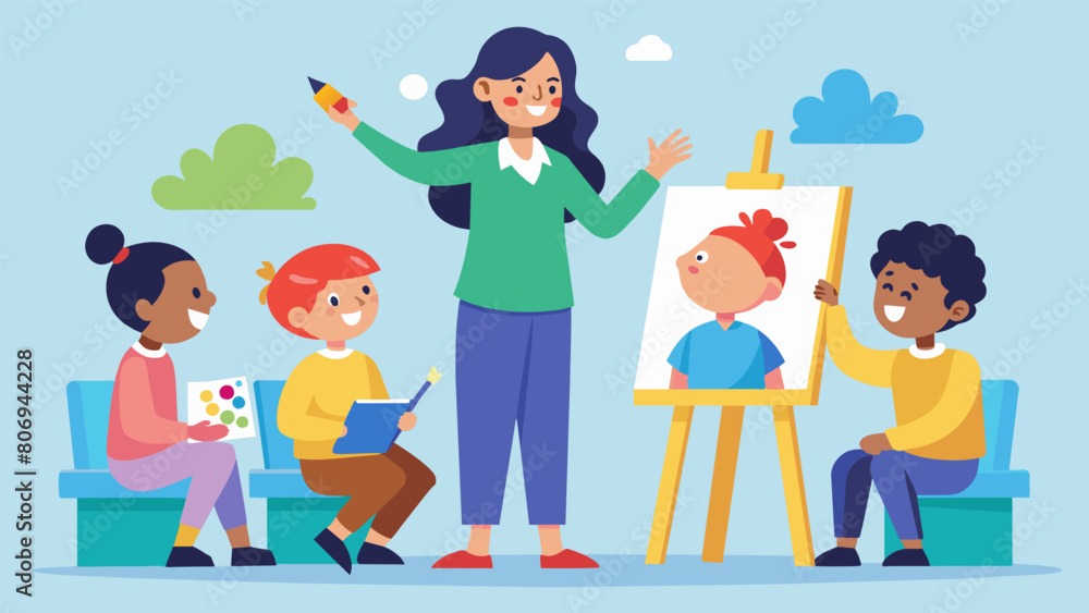 Fototapeta premium The instructor encourages the class to let go of inhibitions and express their emotions freely through the strokes and colors of their paintbrushes.. Vector illustration