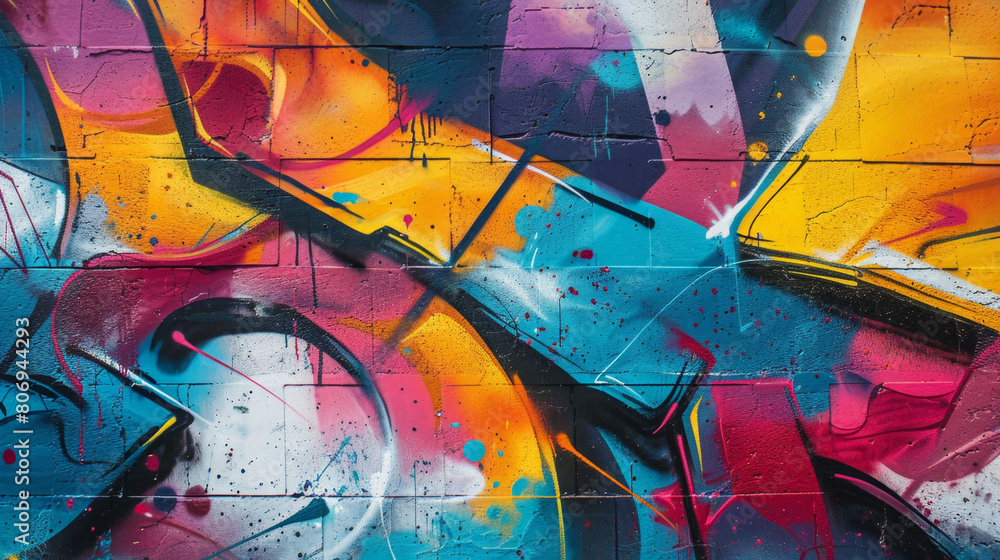 Fototapeta premium Expressive graffiti artwork with vivid colors on city street wall.