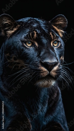 Captivating Panther portrait, Frontal perspective of a Panther set against a deep black backdrop, forming a mesmerizing banner showcasing the allure of wild creatures. © xKas
