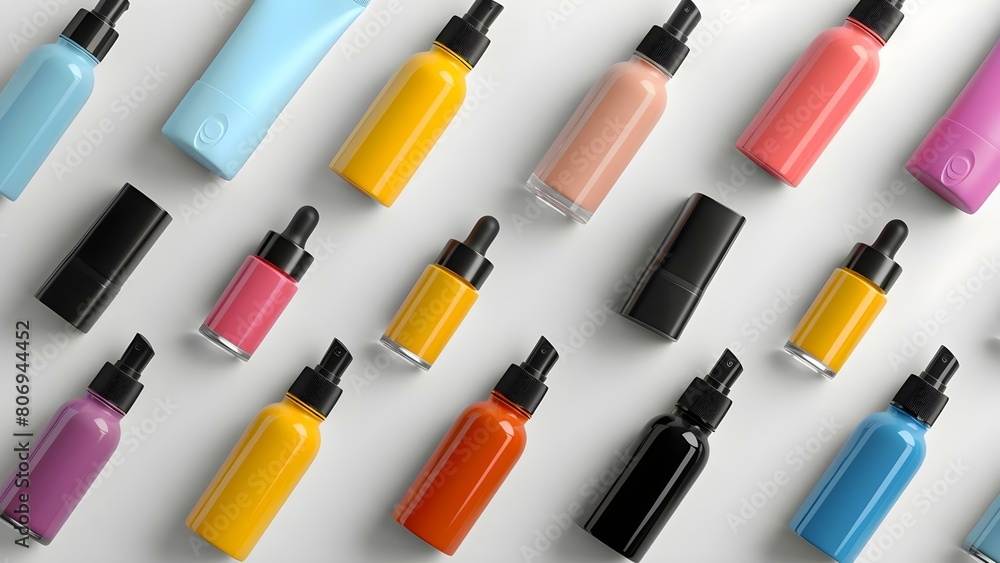 Colorful cosmetic bottles and tubes on white background for skincare package mockup. Concept Product Photography, Skincare Packaging, Cosmetic Mockup, White Background, Colorful Bottles Colorful cosmetic bottles and tubes on white background for skincare package mockup. Concept Product Photography, Skincare Packaging, Cosmetic Mockup, White Background, Colorful Bottles