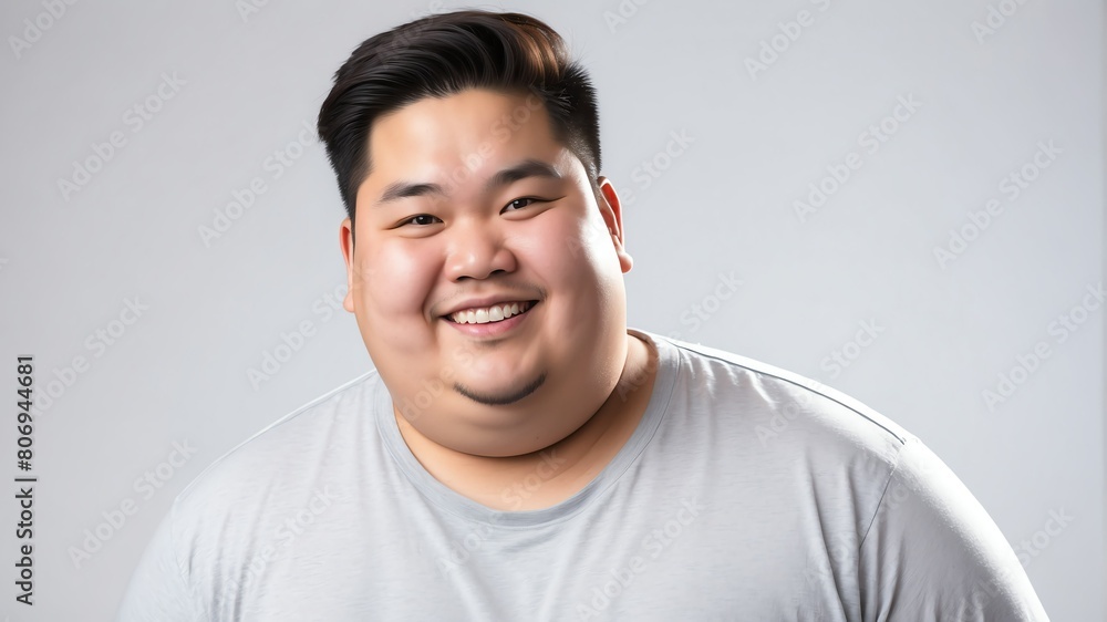 Obraz premium smiling young asian overweight man studio portrait on plain white background from Generative AI