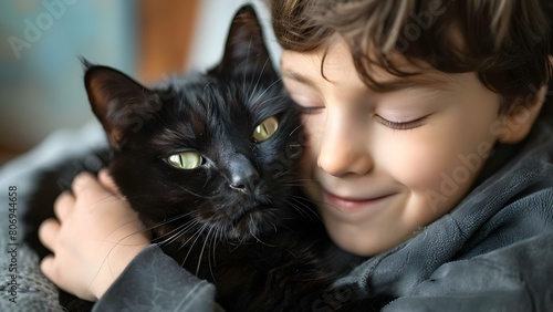 Stock photo of a young boy lovingly hugging his black cat. Concept Pets and Kids  Love and Affection  Animal Companionship  Family Bonding