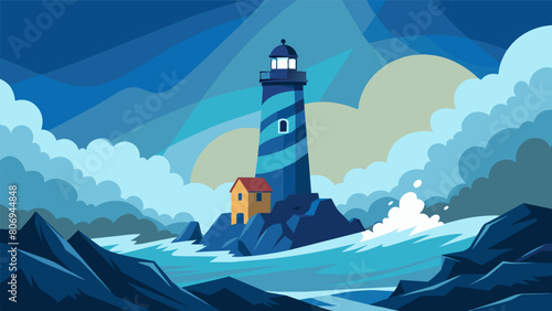 An old lighthouse standing strong against the crashing waves of a hurricane.. Vector illustration