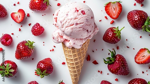   A scoop of ice cream perched atop a cone, encircl'd by juicy strawbs on a pristine white plate photo