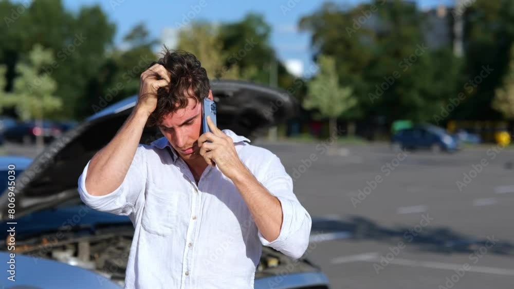 Upset man talking on mobile phone near broken car outdoors in the city. Car repair. Transport and lifestyle concept. Real time Upset man talking on mobile phone near broken car outdoors in the city. Car repair. Transport and lifestyle concept. Real time