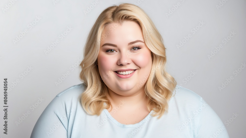 smiling young blonde overweight woman studio portrait on plain white background from Generative AI smiling young blonde overweight woman studio portrait on plain white background from Generative AI