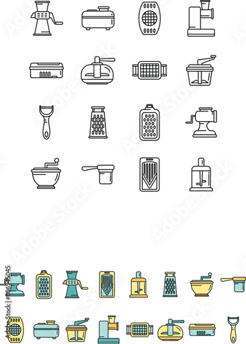 Vegetable cutter icons set outline vector. Chopper appliance. Cooking dicer thin line color flat on white