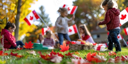Children celebrate Canada Day outdoors with flags and autumn lea photo