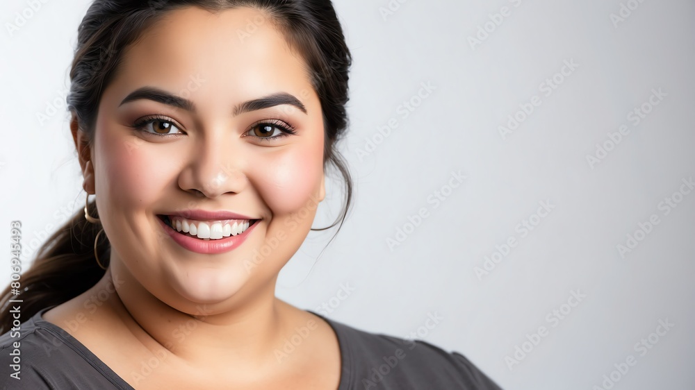 smiling young hispanic overweight woman studio portrait on plain white background from Generative AI smiling young hispanic overweight woman studio portrait on plain white background from Generative AI