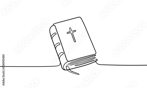Bible book continuous line art drawing isolated on white background. Chuch bible, vector illustration