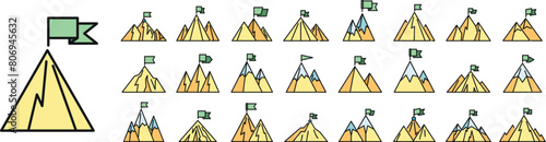 Flag on mountain icons set outline vector. Career goal. Peak challenge thin line color flat on white