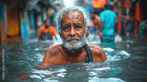 An old indian man walking in flooded streets.