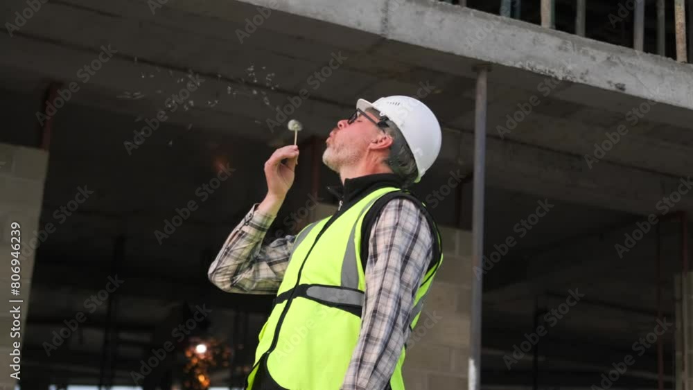 Charismatic engineer builder blows dandelion while standing against the background of welders of an unfinished building with scaffolding, break at works, slow motion. Charismatic engineer builder blows dandelion while standing against the background of welders of an unfinished building with scaffolding, break at works, slow motion.