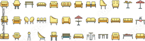 Lounge icons set outline vector. Business sofa. Office zone thin line color flat on white