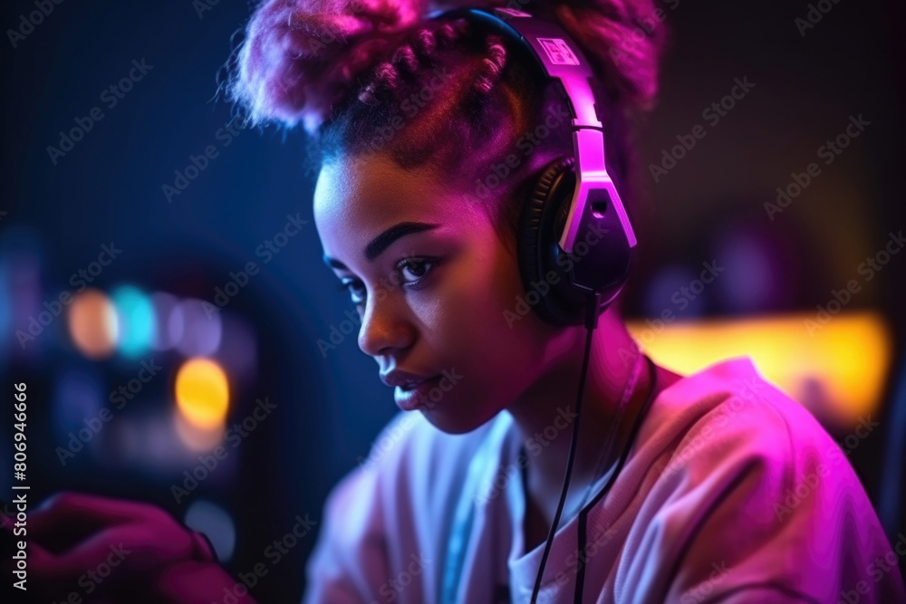 A woman wearing headphones is focused on her phone screen