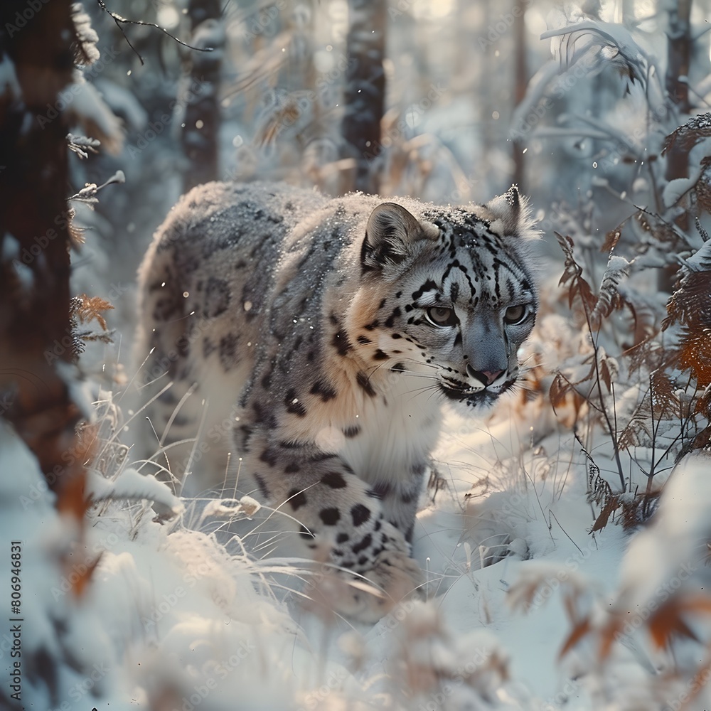 Fototapeta premium Majestic Snow Leopard Stalking Prey Through Snowy Forest Habitat