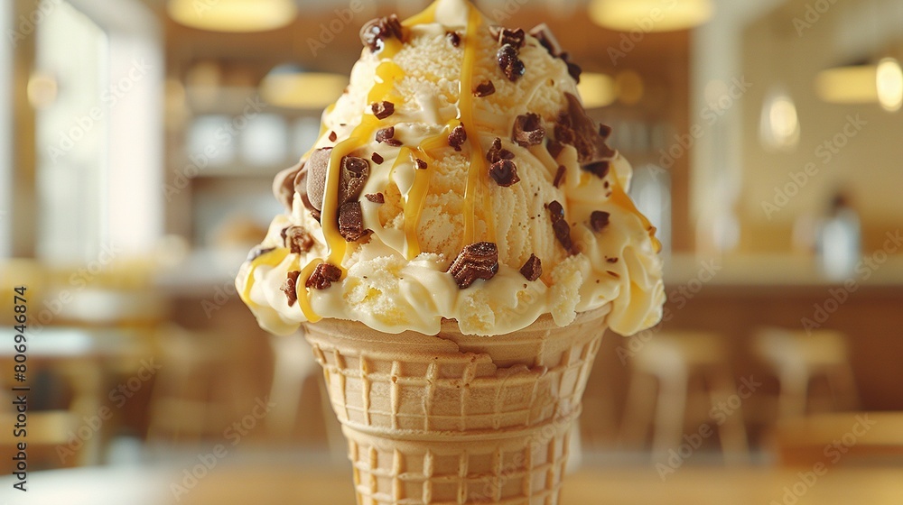 Fototapeta premium A scoop of ice cream in a cone, topped with chocolate chips and a drizzle of caramel
