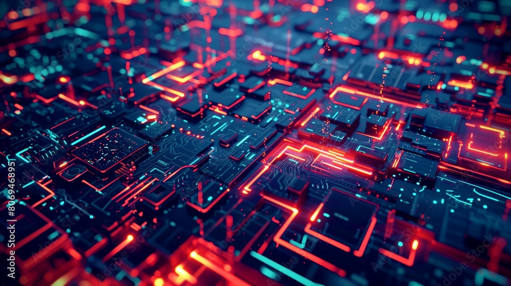 Futuristic visual of a glowing circuit board with red and blue lights, symbolizing advanced technology. Futuristic visual of a glowing circuit board with red and blue lights, symbolizing advanced technology.