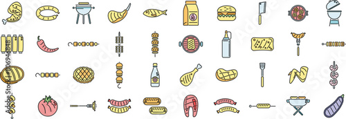 Grilled food icons set outline vector. American cooked. Korean chicken thin line color flat on white