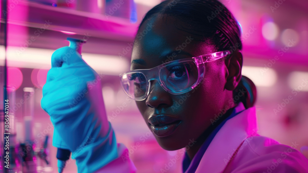 A female scientist wearing a white lab coat and safety glasses conducts experiments in a laboratory setting A female scientist wearing a white lab coat and safety glasses conducts experiments in a laboratory setting