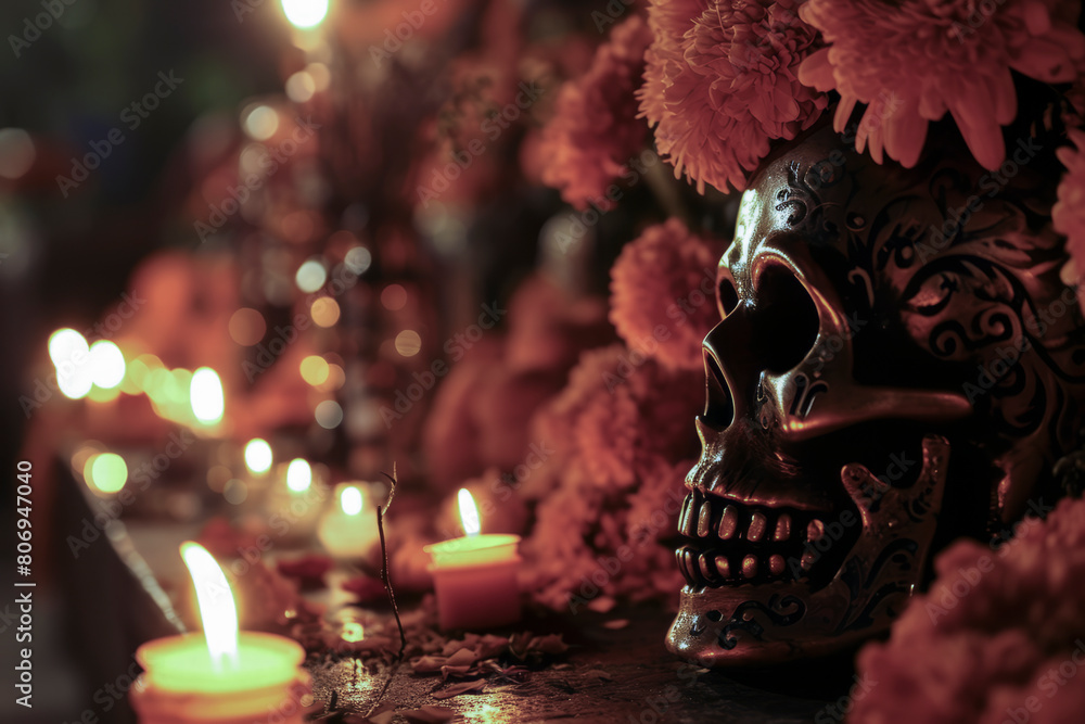 a decorated skull with marigolds and candles, embodying the vibrant spirit of Día de los Muertos a decorated skull with marigolds and candles, embodying the vibrant spirit of Día de los Muertos