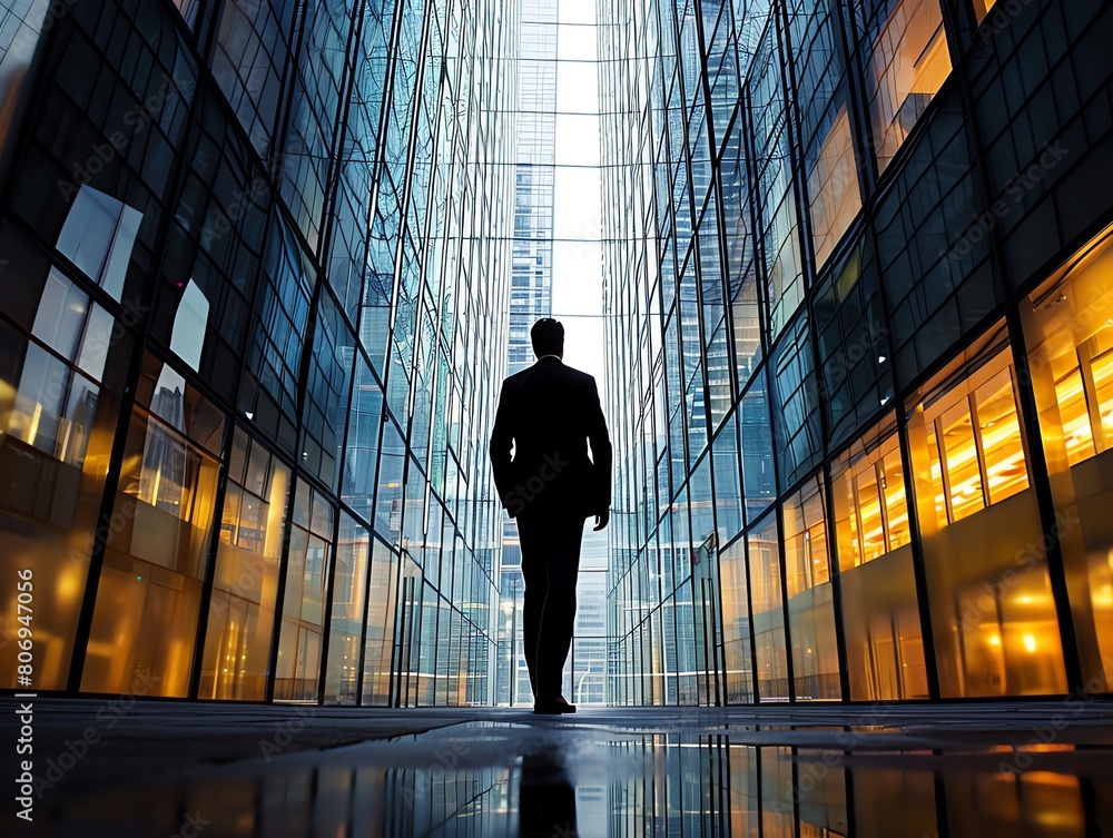 silhouette of person between businessbuildings silhouette of person between businessbuildings