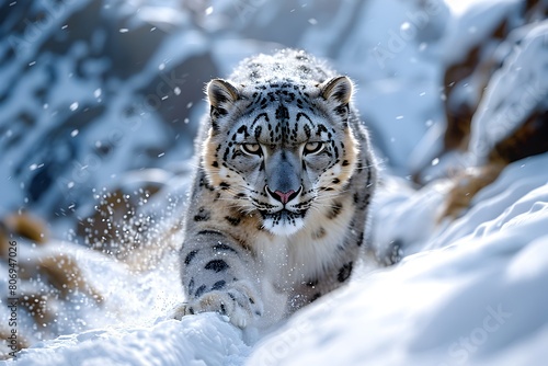 Majestic Snow Leopard Prowling Through the Rugged Himalayan Mountains in Clarity